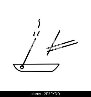 Stand with steaming incense stick. Icon black and white vector illustration doodle isolated. Aromatherapy, spa or meditation concept Stock Vector