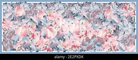 Delicate colors of silk scarf with flowering peony. Abstract vector pattern with hand drawn floral elements. Trend colorful silk scarf with flowers Stock Vector