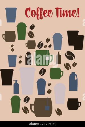 Coffee time! Vector drawings of different cup and mugs with milk box and aroma pump. Beautiful cafe decoration and menu with coffee beans and tea bags Stock Vector