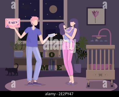 Parents put the child to bed. Flat vector illustration. Baby, mom and dad at night in the bedroom with a cradle. Parents take care, feed and change the diaper of their daughter. Happy family. Cozy interior with home-made flowers, a cat and furniture. Stock Vector