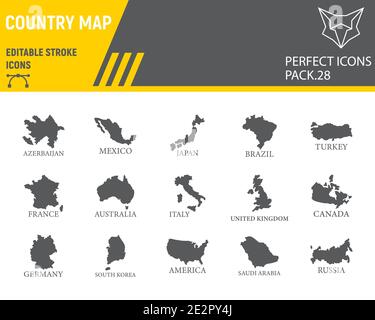 Map of country glyph icon set, country collection, vector sketches, logo illustrations, map countries icons, travel signs solid pictograms, editable Stock Vector