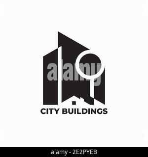 City buildings logo design. Vector illustration of apartment buildings, house and abstract tree isolated on white background Stock Vector