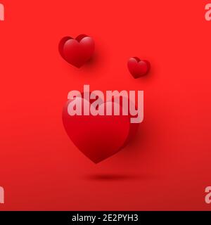Beautiful 3d decorative valentines day hearts icon set on red background. Celebration card, vector illustration Stock Vector