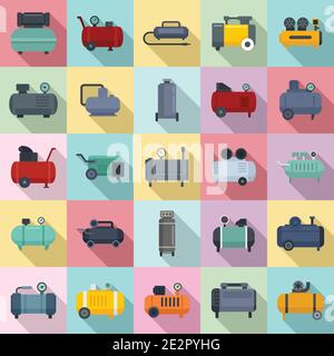 Air compressor icons set, flat style Stock Vector