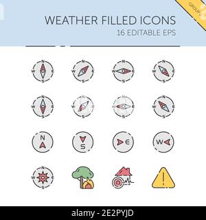 Weather and meteorology. Compass and natural disasters group. Isolated color icon set. Filled vector illustration Stock Vector