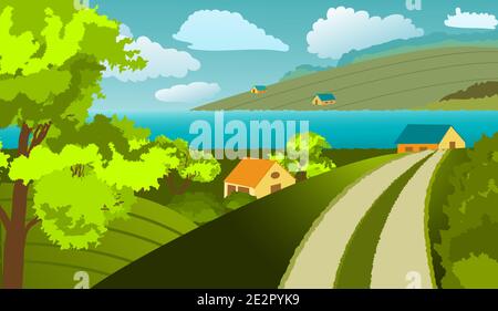 Rural landscape. Houses, trees, river, fields, clouds. In the foreground, you can see the road leading to the house. Doodle style. Vector illustration Stock Vector