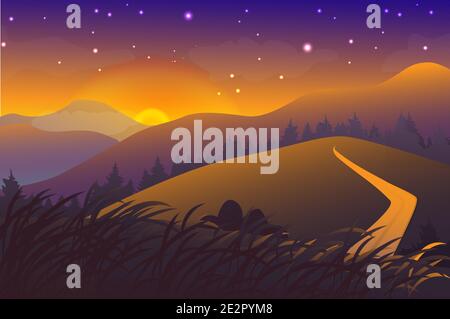 Night landscape. Mountains, sun, sky, clouds, road. Doodle style. Vector illustration Stock Vector