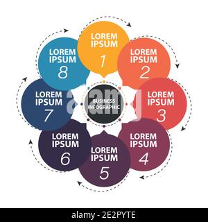 Cyclic diagram infographic with circles. Modern infographic design template with 8 options, steps or parts. Flat vector illustration for business Stock Vector