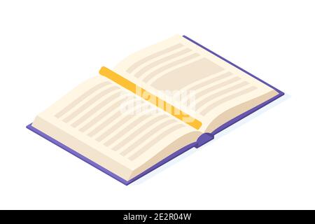 Open book isometric. Paper pages with text, picture and bookmark for education and reading concept. Stock Vector