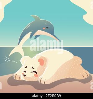 jumping dolphin and polar bear sea nature landscaping design vector illustration Stock Vector