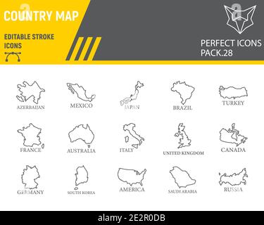Map of country line icon set, country collection, vector sketches, logo illustrations, map countries icons, travel signs linear pictograms, editable Stock Vector