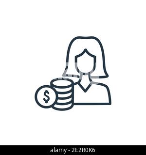 Woman with dollar circle outline vector icon. Thin line black woman with dollar circle icon, flat vector simple element illustration from editable bus Stock Vector