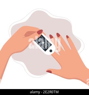Woman using pulse oximeter device on finger Stock Vector