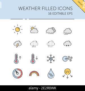 Weather and meteorology. Sun, clouds, temperature and pressure group. Isolated color icon set. Filled vector illustration Stock Vector