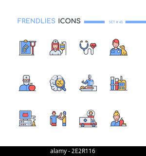 Medical professions - line design style icons set. Healthcare and medicine concept. Orthopedist, cardiologist, cosmetician, veterinarian, endocrinolog Stock Vector