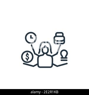 Multitasking woman outline vector icon. Thin line black multitasking woman icon, flat vector simple element illustration from editable business concep Stock Vector