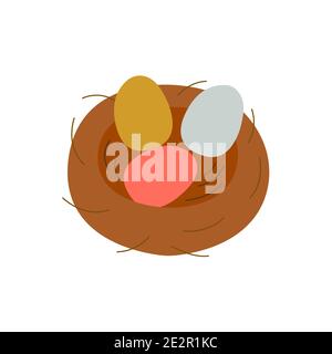 Easter Eggs Nest. Traditional food and symbol for the Orthodox and Catholic holidays. Happy easter. Colorful cartoon vector illustration isolated. Ico Stock Vector