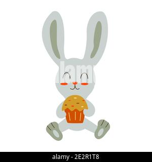 Cute hare sits and holds an Easter cake in his paws. Colorful cartoon vector illustration isolated. Happy Easter. Traditional food and symbol for the Stock Vector
