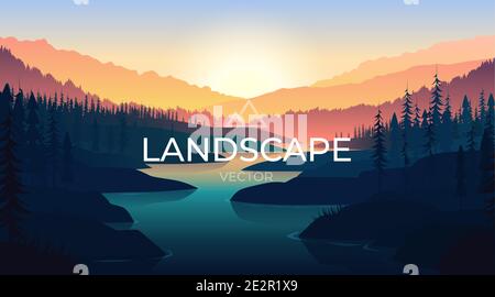 Landscape with silhouettes of mountains and Mountain river. Nature background. Vector illustration. Stock Vector