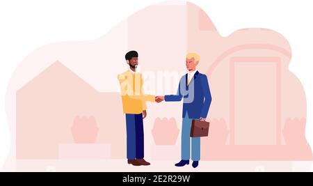 African and white men shake hands in the background of a city street. Business deal. Vector illustration Stock Vector