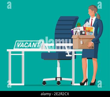 Office furniture, sign vacancy. Employee with box with office goods. Hiring and recruiting. Human resources management, searching professional staff, work. Found right resume. Flat vector illustration Stock Vector