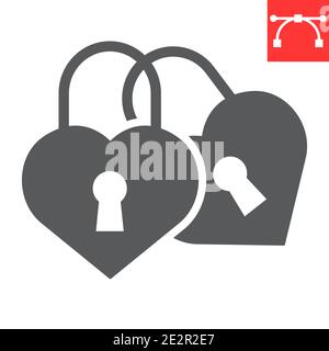 Love lock glyph icon, valentines day and wedlock, love padlock sign vector graphics, editable stroke solid icon, eps 10. Stock Vector