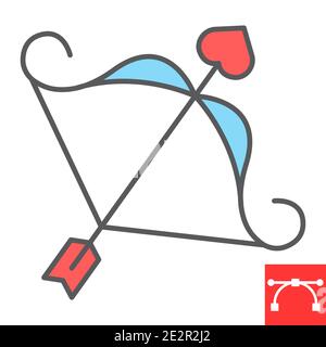 Cupid bow color line icon, valentines day and love, arrow with heart sign vector graphics, editable stroke filled outline icon, eps 10. Stock Vector