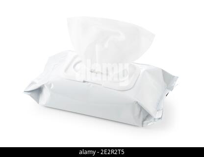 White plain wet wipes placed on a white background Stock Photo