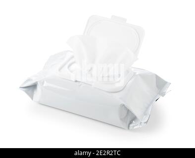White plain wet wipes placed on a white background Stock Photo