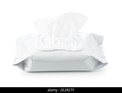 White plain wet wipes placed on a white background Stock Photo