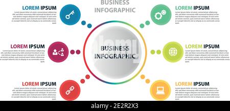 Cyclic diagram infographic with circles. Modern infographic design template with 6 options, steps or parts. Flat vector illustration for business Stock Vector