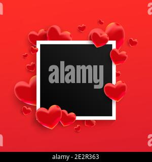 Empty black photo frame with many 3d sweet love hearts shape on red background. Stock Vector