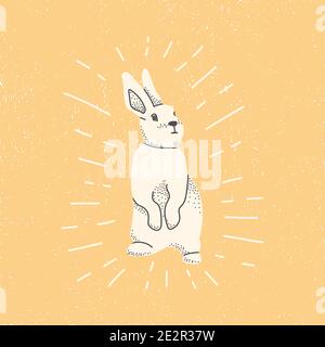 Decorative Easter bunny. Cute white hare on a yellow background. Vector hand drawing illustration for design, postcard, stickers. Stock Vector