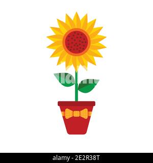 Sunflower with green leaves in flat style isolated on white background. Vector Illustration Stock Vector