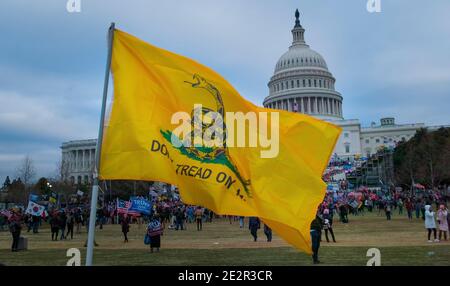 January 6th 2021. Don't Tread On Me Flag. Crowds of Protesters at Capitol Hill in support of Donald Tump. US Capitol Building, Washington DC.USA Stock Photo