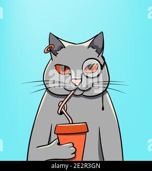 Cartoon cat sipping a drink in portrait Stock Vector