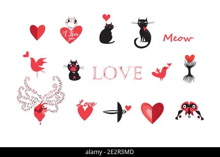 Vector set of animals and objects icons for Valentine's Day. Example of Valentines icons for the holiday Stock Vector