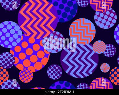 Circles with geometric pattern, seamless background in 80s style for wrapping paper, fabric and printing. Vector illustration Stock Vector