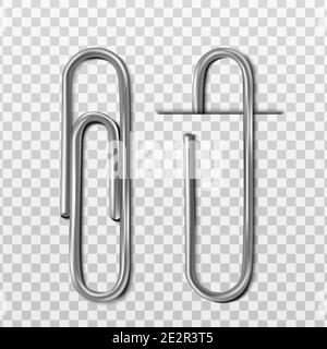 Two realistic vector metal paper clips, with and without paper. Isolated on transparent background. Stock Vector