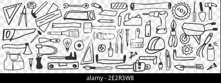 Various tools for repair doodle set. Collection of hand drawn drill hammer saw pliers socket screwdriver isolated on transparent background. Illustration of repairing instruments for workers Stock Vector