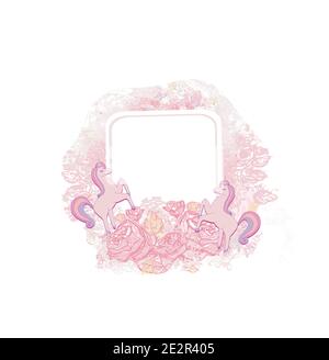 decorative flower frame with beautiful unicorns Stock Vector