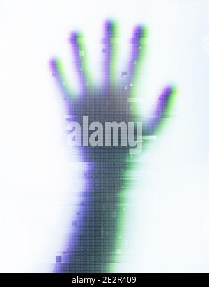 Photo of human ghost hand on white background with digital glitch effect. Stock Photo