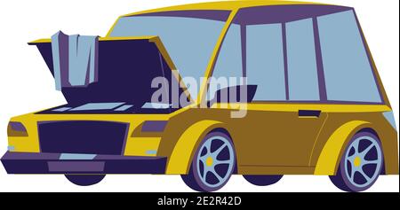 Old car sedan with open hood, cartoon isolated vector icon Stock Vector