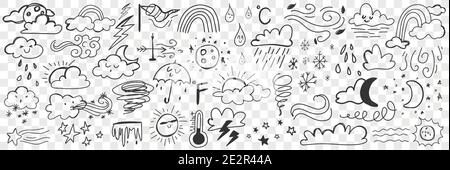 Various weather conditions doodle set. Collection of hand drawn clouds rain storm thunder lightning frost and cold weather isolated on transparent background. Illustration of precipitation concept  Stock Vector