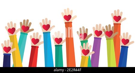 Hands with hearts. Vector illustration. Volunteering and donating concept. Children's hands are holding heart symbols. Stock Vector
