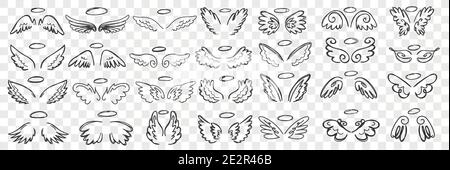 Angels wings and halo doodle set. Collection of hand drawn wings and halos of angels accessories of saint character in rows isolated on transparent background. Illustration of sacred person attributes Stock Vector