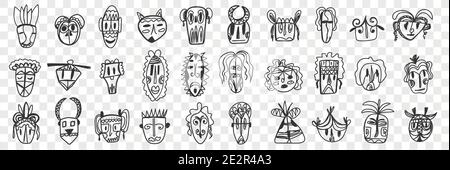 Various african ancient masks doodle set. Collection of hand drawn face masks of african ethnicities with different patterns and shapes isolated on transparent background. Illustration of africa  Stock Vector