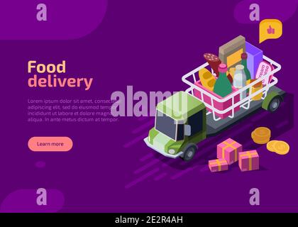 Food delivery isometric landing page. Truck or lorry transportation with shopping basket on top full of food and drink. Meal shipping services. E-commerce online store, market shop concept. Stock Vector