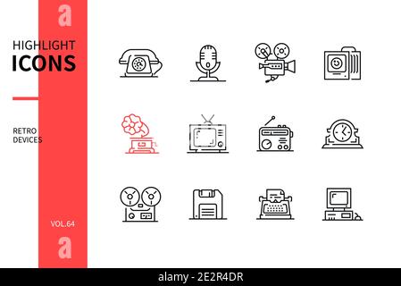 Retro devices - line design style icons set. Vintage objects idea. Telephone, microphone, video and studio camera, phonograph, TV set, radio, clock, t Stock Vector