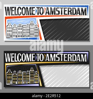 Vector layouts for Amsterdam with copy space, decorative voucher with outline illustration of amsterdam city scape on day and dusk sky background, des Stock Vector